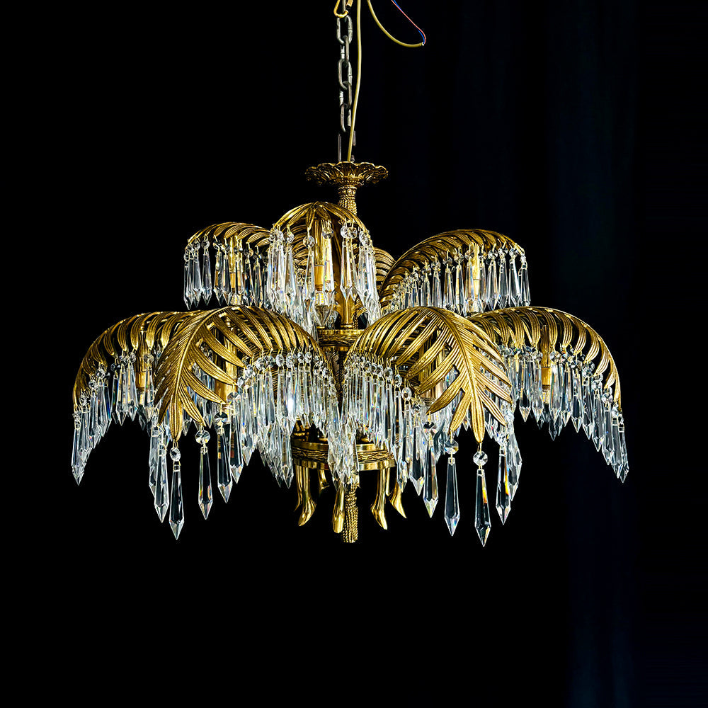 15-Light Chandelier in Brass with Crystal Drops and Palm Motif