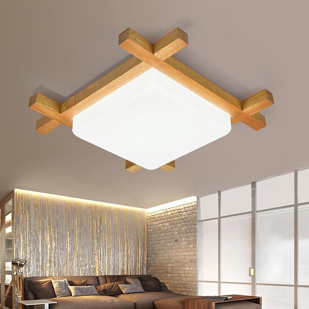 Square Rustic Wood Dimmable LED Modern Flush Mount Ceiling Light